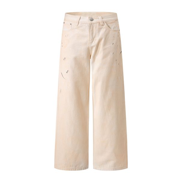 Punk Inkjet Dirty Wide-Leg Jeans Men's High Street Trend Niche Casual Loose Straight Pants Design Sense_mkmklike.com