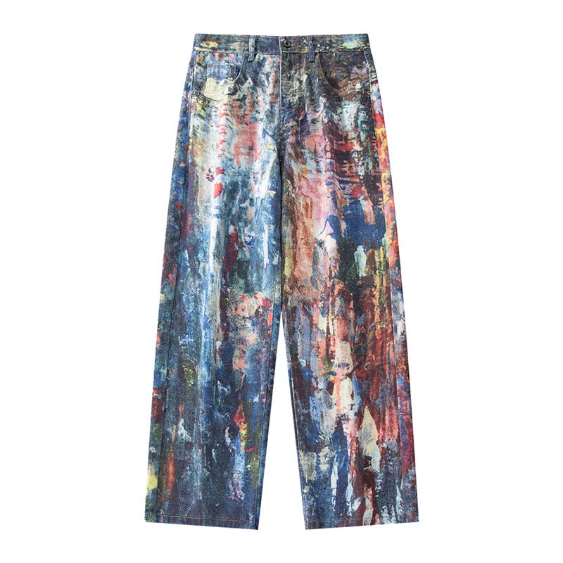 "3D Printed Rainbow Splatter Paint Straight Leg Jeans For Men & Women - High Waist Loose Fit Denim Pants With Artistic Wash"_mkmklike.com