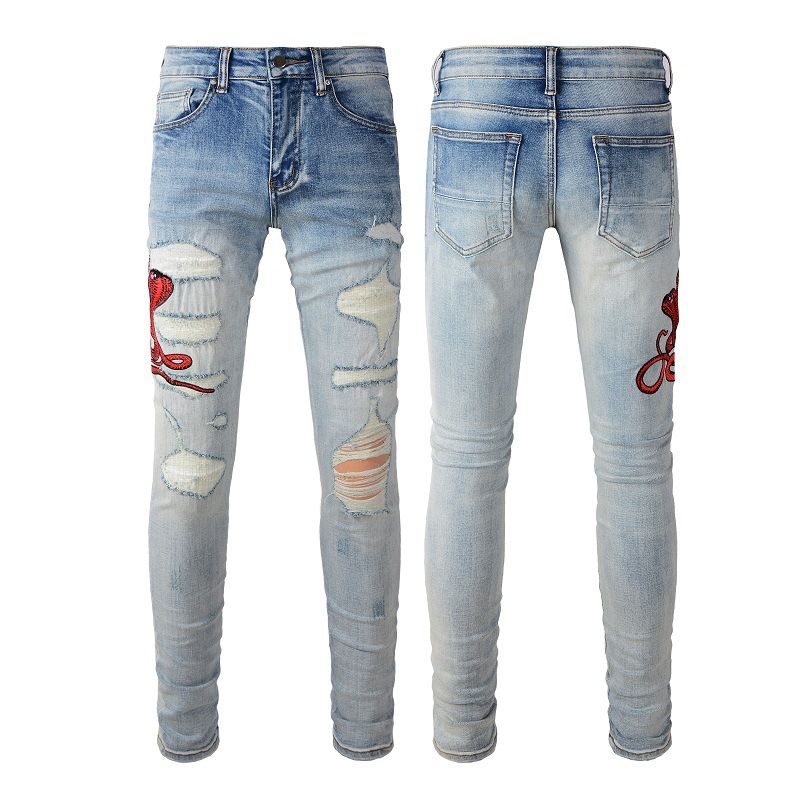 Men's Slim Fit Blue Distressed Denim Jeans With Embroidered Patches - Urban Streetwear Fashion_mkmklike.com