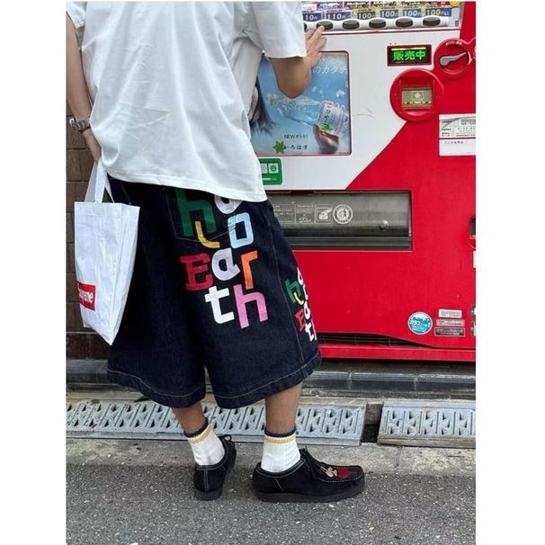 Street Style Colorful Letter Print Denim Shorts For Men And Women Summer New Loose Versatile Dark Blue Cropped Pants_mkmklike.com