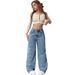 Women's Flared Fleece-Lined Jeans - High Waist Loose Wide Leg Winter Pants, Sweet & Spicy Style, Mid Blue Wash, Plus Size Available (XS-XXL)_mkmklike.com