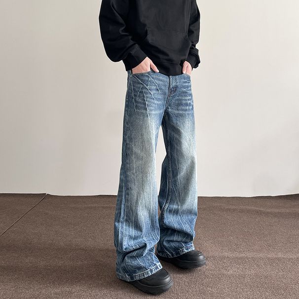 Nordmann American High Street Vibe Flared Jeans For Men Loose Wide-Leg Casual Trendy Brand Design Lightning Pattern Long Pants_mkmklike.com