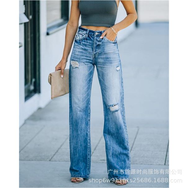 Women's Clothing Mid Waist Straight Leg Mopping Floor Washing Ripped And Torn Denim Trousers_mkmklike.com