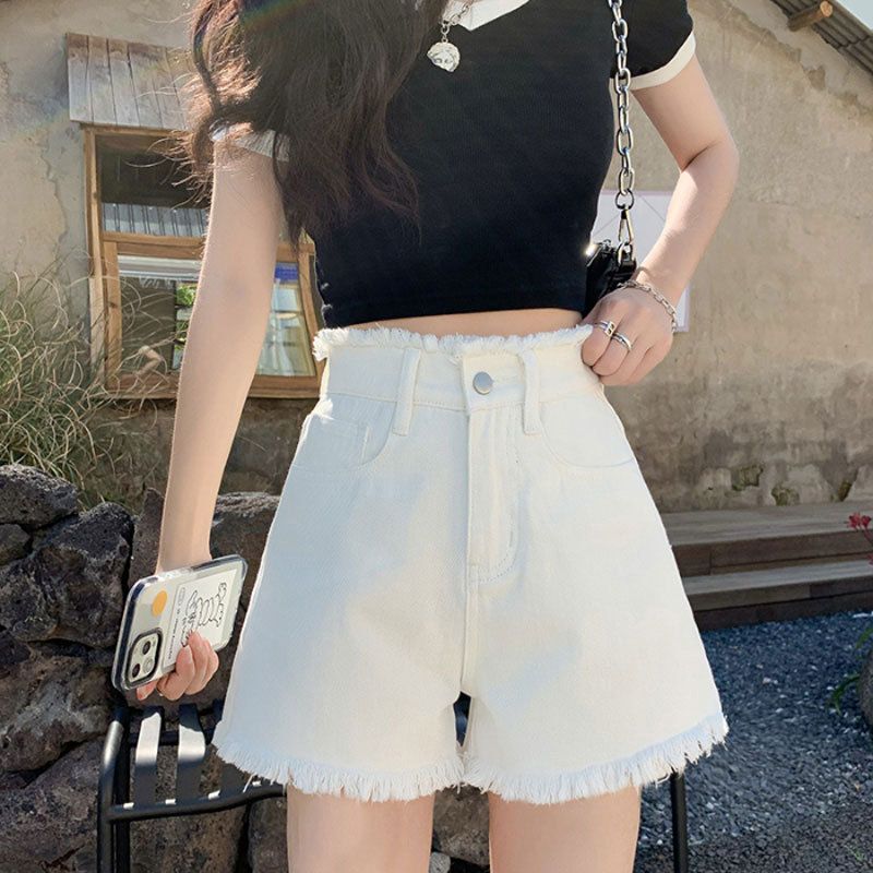 Women's High-Waisted Wide Leg Denim Shorts Casual Thin Style Slimming A-Line Hot Pants Frayed Hem Trendy Petite Versatile_mkmklike.com