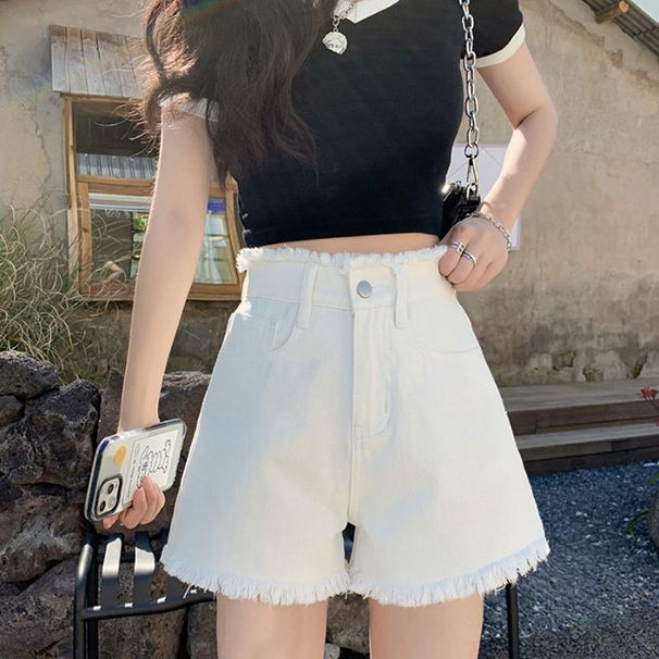 Women's High-Waisted Wide Leg Denim Shorts Casual Thin Style Slimming A-Line Hot Pants Frayed Hem Trendy Petite Versatile_mkmklike.com