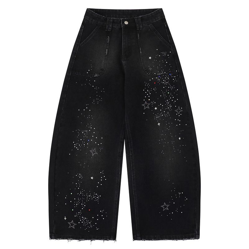 Men's Streetwear Jeans – Black Wide-Leg With Vintage Distressed & Rhinestone Embellishments_mkmklike.com