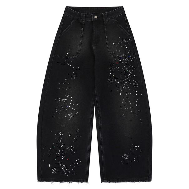 Men's Streetwear Jeans – Black Wide-Leg With Vintage Distressed & Rhinestone Embellishments_mkmklike.com