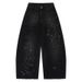 Men's Streetwear Jeans – Black Wide-Leg With Vintage Distressed & Rhinestone Embellishments_mkmklike.com