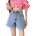 Women's High-Waisted Wide-Leg Denim Shorts Korean Style Summer 2021 Slimming Loose Fit Rolled up Hem Trendy Hot Pants_mkmklike.com