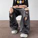 Men's Clothing Men's Hip Hop Distressed Ripped Jeans - Black Washed Denim Pants, Loose Fit, Straight Leg, Vintage Style For Casual Wear_mkmklike.com
