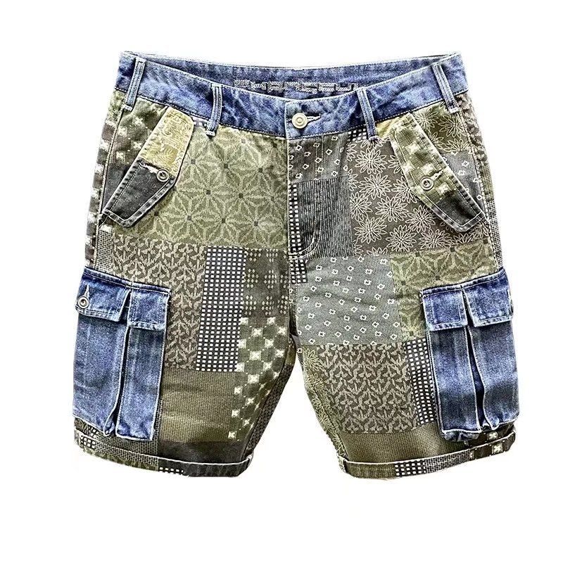 Japanese Streetwear Men's Patchwork Camo Cargo Shorts | Distressed Washed Denim With Utility Pockets (Relaxed Fit & Breathable)_mkmklike.com