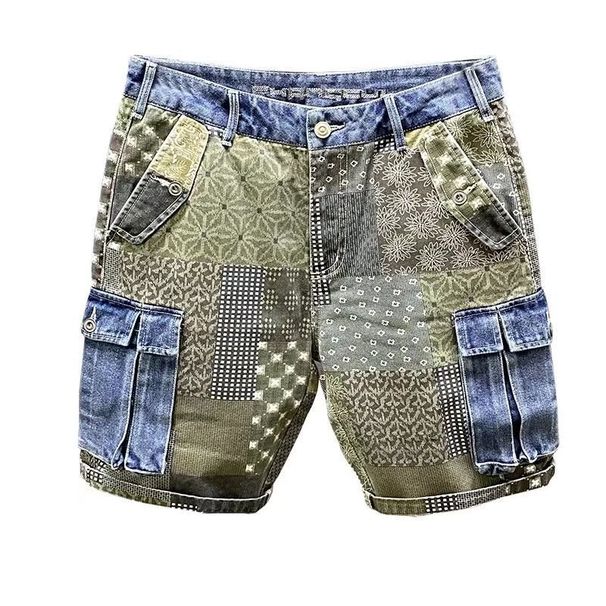 Japanese Streetwear Men's Patchwork Camo Cargo Shorts | Distressed Washed Denim With Utility Pockets (Relaxed Fit & Breathable)_mkmklike.com