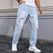 Men's Blue Ripped Washed Straight Leg Fit Jeans American Street Style Clothing_mkmklike.com