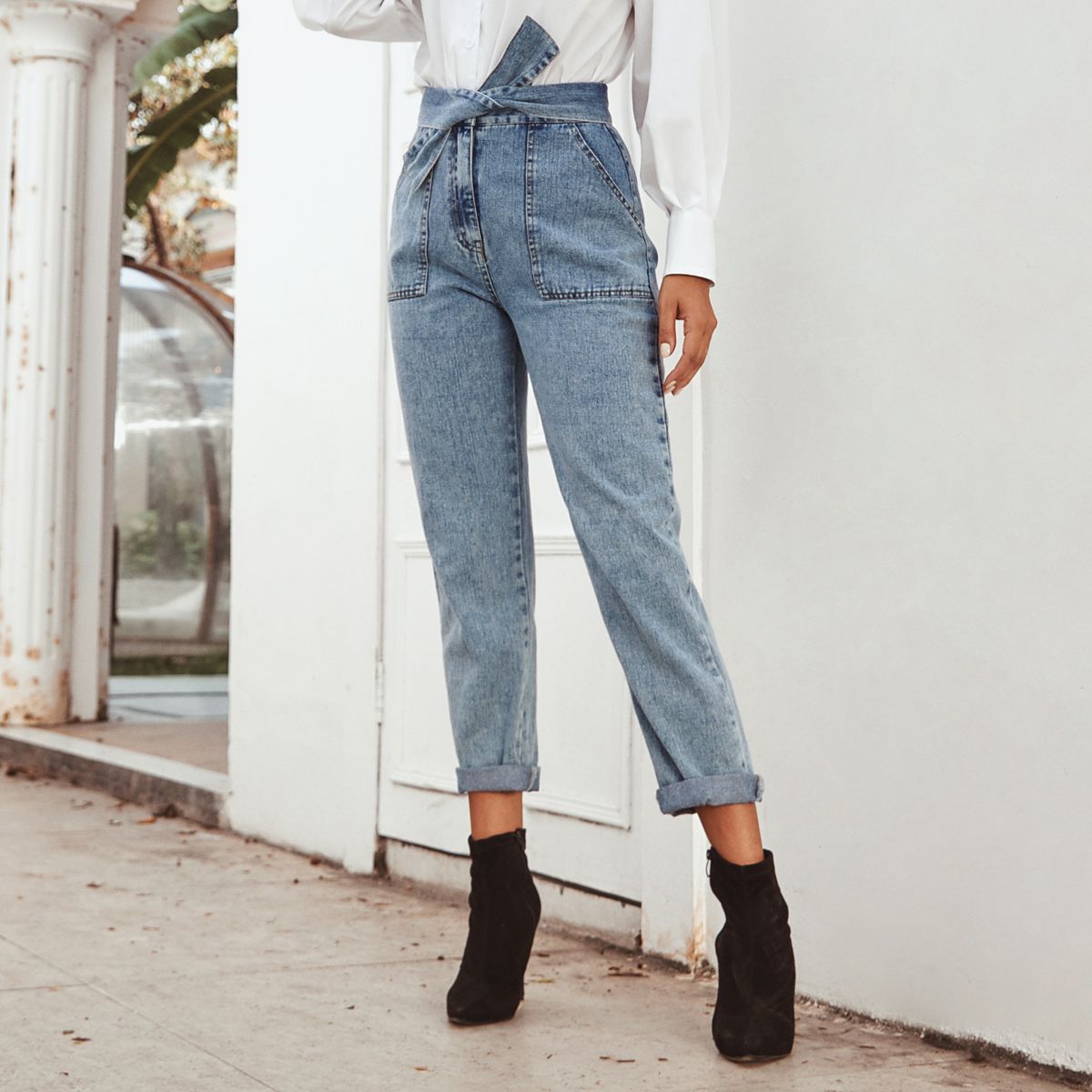 Women's Clothing High Waist Straight Leg Denim Jeans - Classic Blue Washed Cotton Casual Trousers For Everyday Wear_mkmklike.com