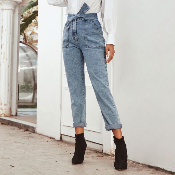 Women's Clothing High Waist Straight Leg Denim Jeans - Classic Blue Washed Cotton Casual Trousers For Everyday Wear_mkmklike.com