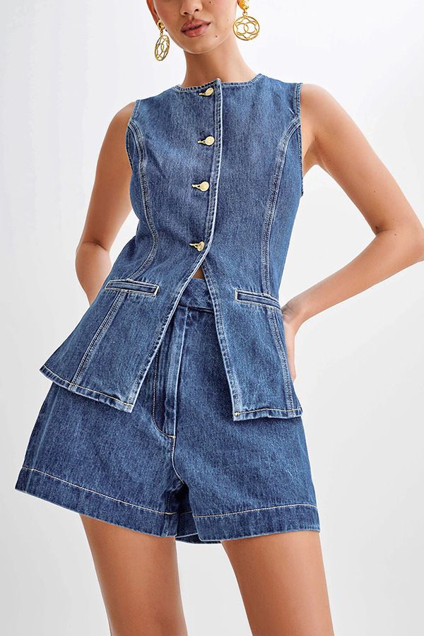 European And American Style Summer Women's Denim Two Piece Set Fashionable Casual Sleeveless Denim Crop Top + High-waisted Denim Shorts Women's Suit_mkmklike.com