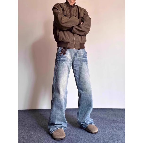 Men's Washed Denim Jeans Trendy Versatile Loose Straight Leg Wide Leg High Street American Casual Trousers for Spring Autumn_mkmklike.com