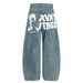 American High Street Character Letter Print Scimitar Jeans Men's Loose Wide Leg Niche Distressed Washed Long Pants_mkmklike.com