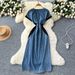 Women's Clothing Retro Elegant Denim Dress Women Summer High Grade Heavy Diamond Embroidery Waist V Neck Short Sleeved Long Dress_mkmklike.com