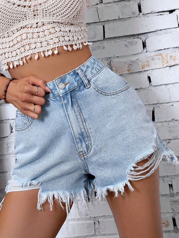Trendy Girl Closet Trendy Girl Closet 47#In Stock - 35865# Cross-Border Women's Fashion INS New Casual High-Waisted Frayed Ripped Denim Shorts_mkmklike.com