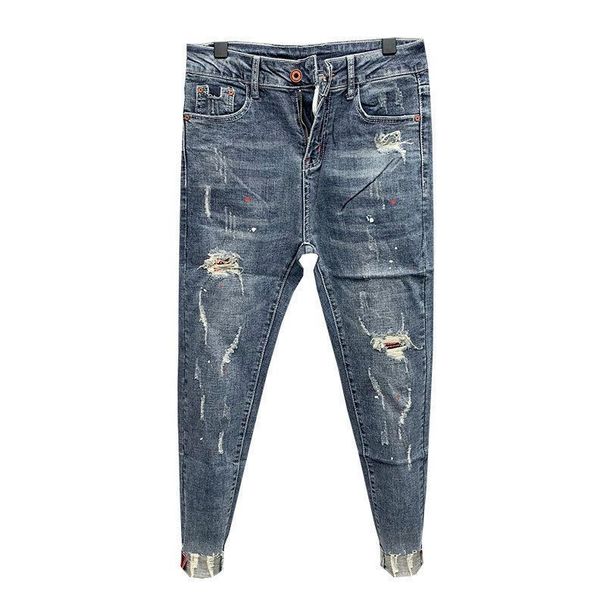 2023 Fashion Men's Pants Korean Style Jeans Washed With Cat Whisker Holes Colorful Paint Splatters Slim Trousers_mkmklike.com
