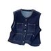 Vintage Denim Vest For Women, Casual Sleeveless Jacket With Button Front, Lightweight Summer Layering Piece, Slim Fit Waistcoat In Dark Blue_mkmklike.com