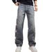 Men's Retro Distressed Denim Pants – Loose Straight-Leg Ripped Jeans With Vintage Wash, Classic Button Fly_mkmklike.com