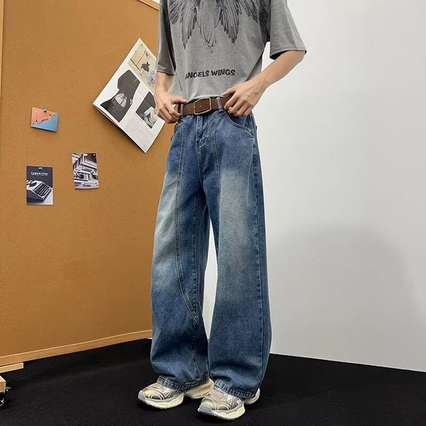 Men's Distressed Denim Jeans – Vintage Washed Wide-Leg Pants With Raw Hem (7 Sizes, Classic Blue)_mkmklike.com