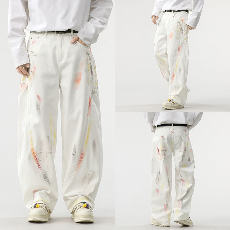 Men's Clothing Heavy Loose Scimitar Design Wide Leg Pants Niche Painted Graffiti Fashion Light Luxury White Denim Pants_mkmklike.com