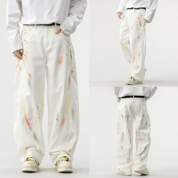 Men's Clothing Heavy Loose Scimitar Design Wide Leg Pants Niche Painted Graffiti Fashion Light Luxury White Denim Pants_mkmklike.com