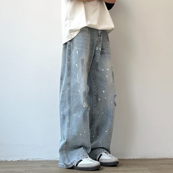 High Waist Sparkling Rhinestone Tie-Dyed Jeans Casual Slimming Straight Leg Wide Leg Pants For Men And Women Versatile Spring Style_mkmklike.com