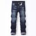 Men's Slim Fit Dark Blue Washed Jeans - Straight Leg Distressed Denim Pants With Patch Details For Casual Wear_mkmklike.com