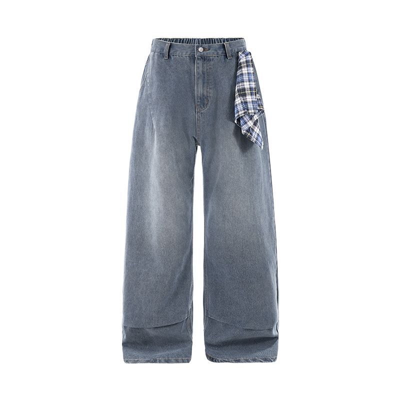 Men's Detachable Bandana Jeans – Streetwear Washed Denim, Loose Fit, 65% Cotton (Blue, S-XL)_mkmklike.com