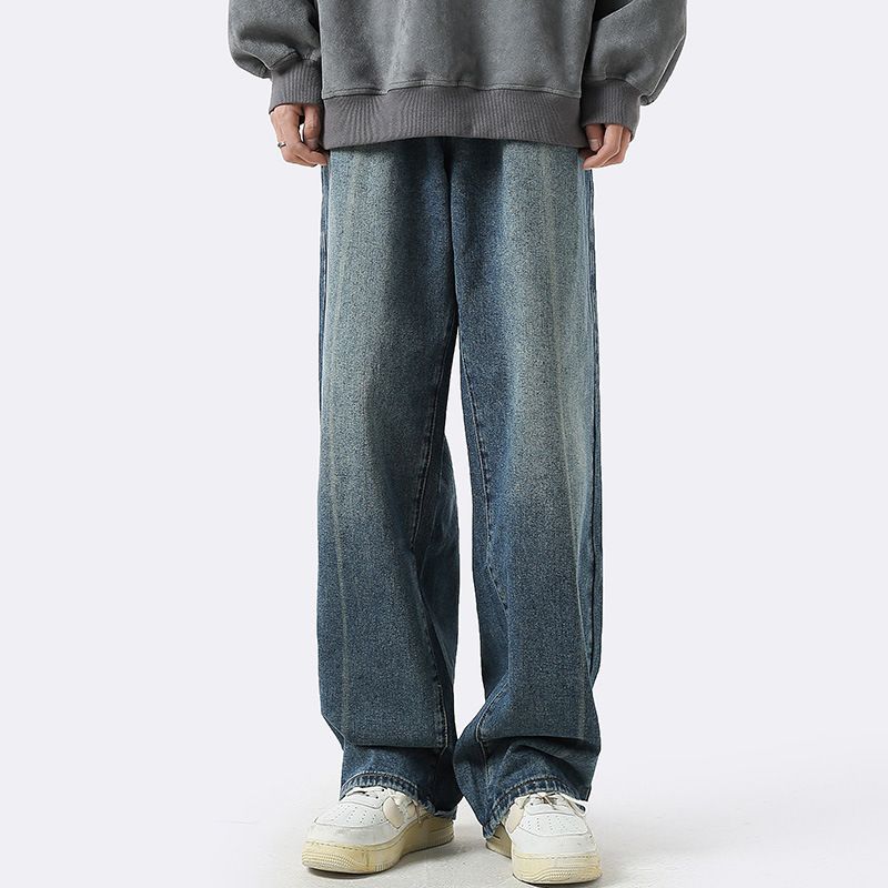 Nordmann Spring And Autumn Men's Jeans American High Street Loose Straight Casual Long Japanese Retro Washed Distressed Wide-Leg_mkmklike.com