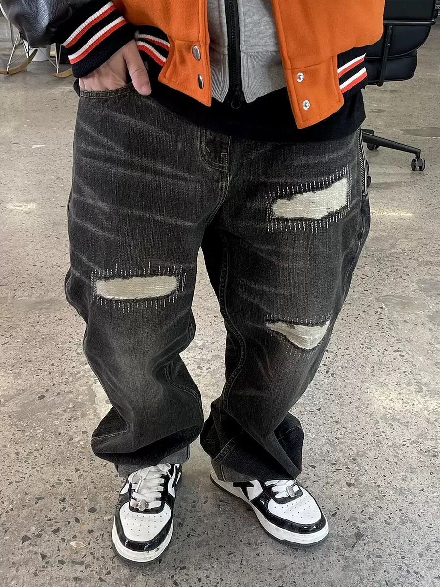 Men's Clothing Men's Black Straight Leg Jeans Ripped Patched Details Loose Fit Heavy Wash High Street Casual Style_mkmklike.com