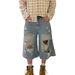 Unisex Distressed Denim Capri Pants Vintage Washed Wide-Leg Shorts For Men And Women Breathable Cotton Blend_mkmklike.com