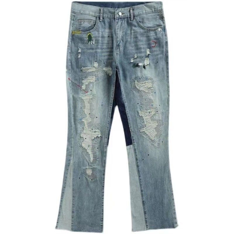 Men's Clothing Fashion Loose Style Flared Patchwork Jeans Micro High Street Hip Hop Ink Splash Damage Washing Pants_mkmklike.com
