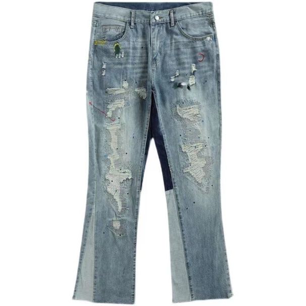 Men's Clothing Fashion Loose Style Flared Patchwork Jeans Micro High Street Hip Hop Ink Splash Damage Washing Pants_mkmklike.com