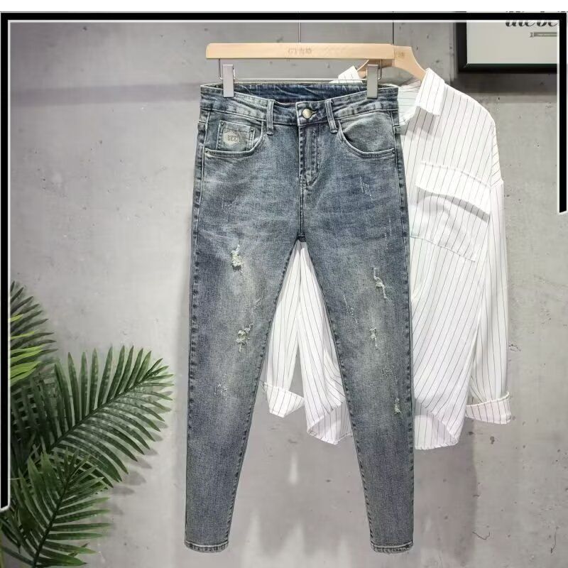 Men's Korean Style Slim Fit Jeans Hong Kong Trendy Autumn New Washed Retro Denim Casual Cool Trousers_mkmklike.com