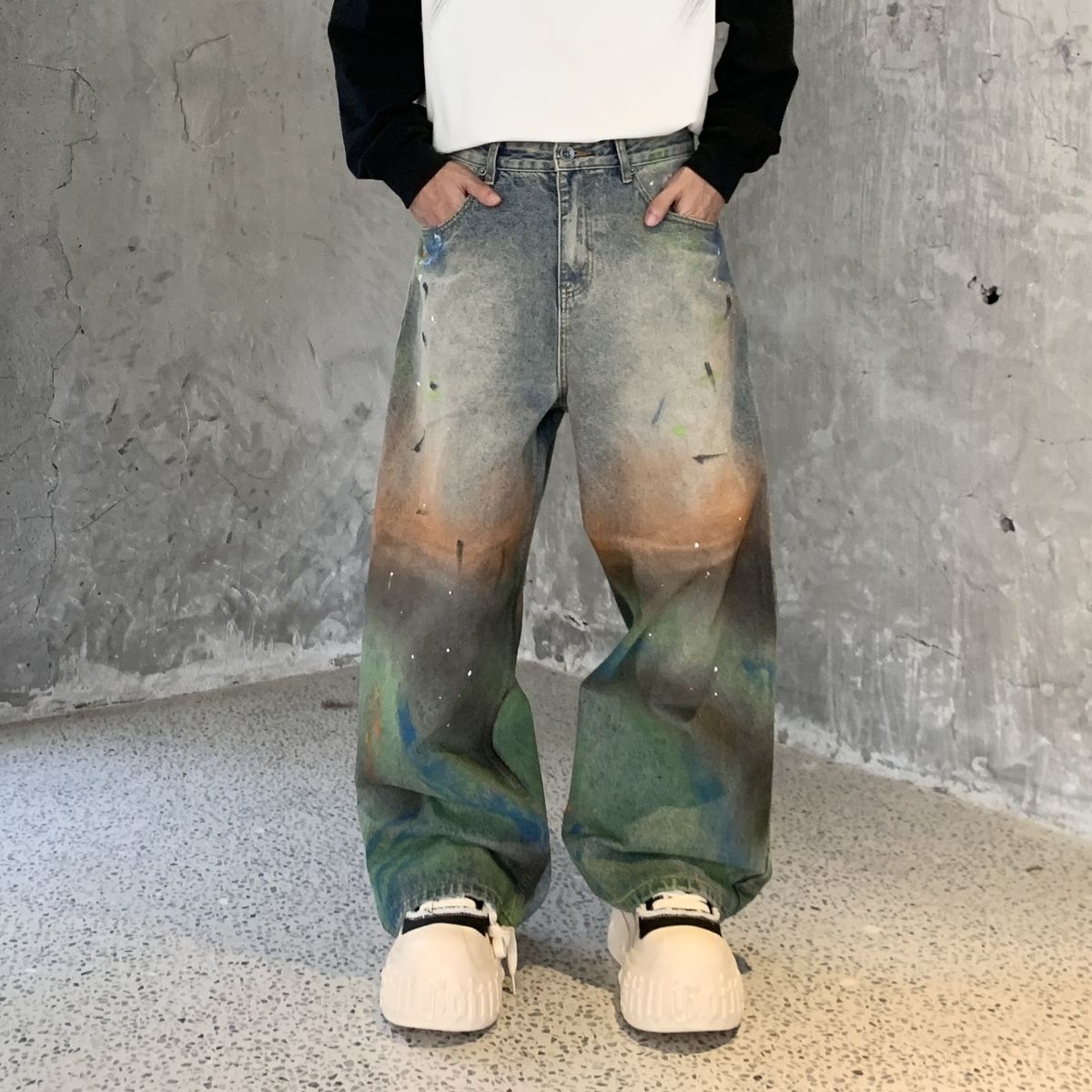 Men's Distressed Washed Denim Jeans - 90s Grunge Streetwear With Splatter Paint & Straight-Leg Cut_mkmklike.com