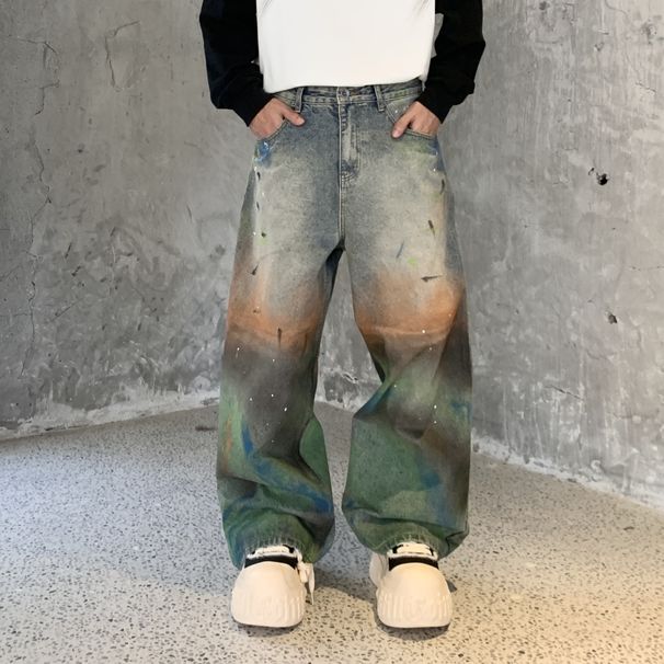 Men's Distressed Washed Denim Jeans - 90s Grunge Streetwear With Splatter Paint & Straight-Leg Cut_mkmklike.com