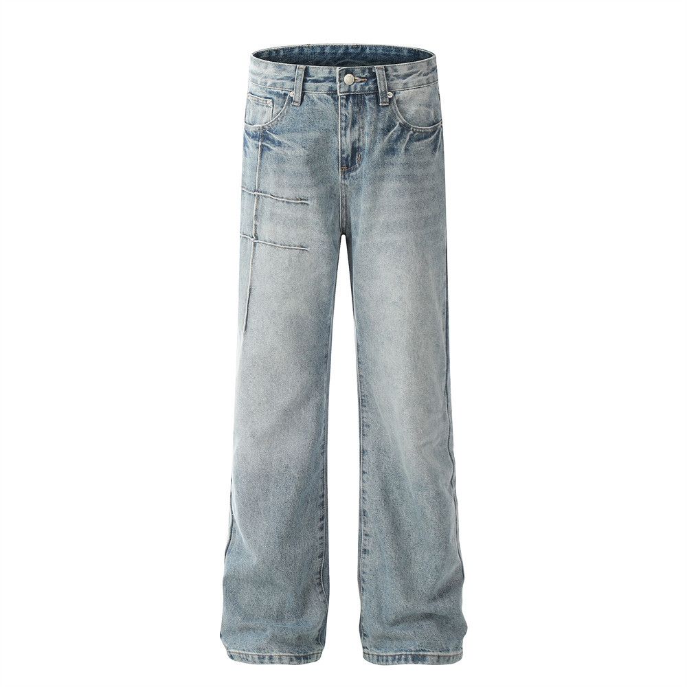 Washed Stitched Micro Flare Jeans For Men Punk Street Style Ins Niche Distressed Loose Wide-Leg Long Pants_mkmklike.com