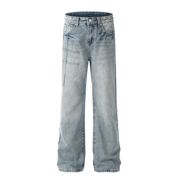 Washed Stitched Micro Flare Jeans For Men Punk Street Style Ins Niche Distressed Loose Wide-Leg Long Pants_mkmklike.com