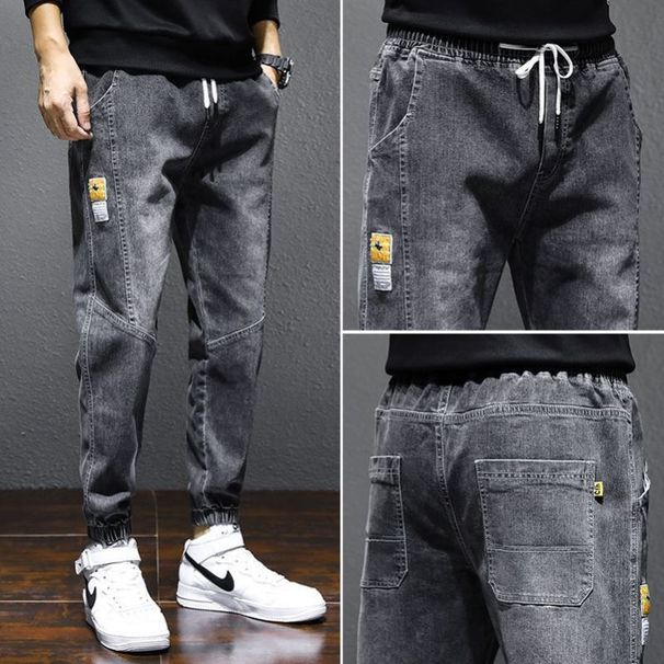 Men's Korean Style Oversized Cargo Jeans | Acetate Stretch Tapered Ankle Pants | Streetwear Workwear (Grey/Black/Light Blue)_mkmklike.com