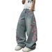 Men's Heavyweight Washed Denim Jeans Baggy Punk Pants With Graffiti & Rips, American Street Hip Hop Style_mkmklike.com