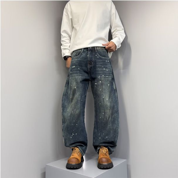 Men's Heavyweight Curved Jeans Loose Straight Leg Casual Tapered Wide Leg Pants Trendy Autumn Winter Retro Style_mkmklike.com