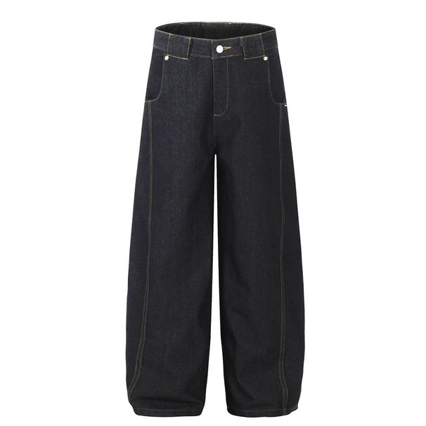 Washed Scimitar Jeans For Men American High Street Fashion Brand Deconstructed Patchwork Loose Wide-Leg Floor-Length_mkmklike.com