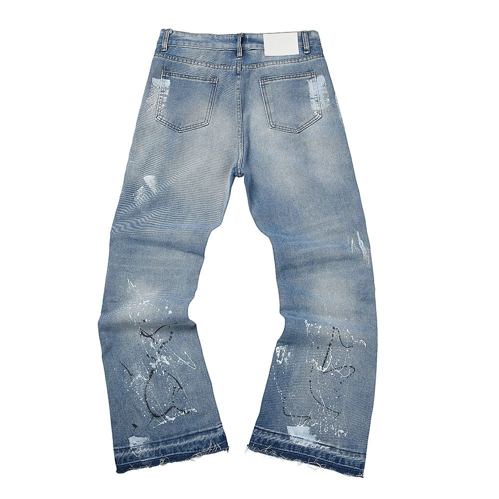 Men's Washed Flared Jeans Trendy High Street Style With Splattered Design Casual Straight Leg Blue Denim Pants_mkmklike.com