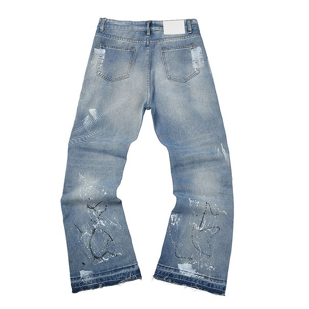 Men's Washed Flared Jeans Trendy High Street Style With Splattered Design Casual Straight Leg Blue Denim Pants_mkmklike.com