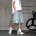 Men's Colorful Embroidered Loose Ripped Denim Shorts American Street Style Summer Trendy Wide Leg Straight Leg Five Point Pants_mkmklike.com